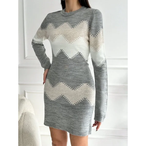 Kadın Uzun Kollu Zigzag Desen Triko Elbise