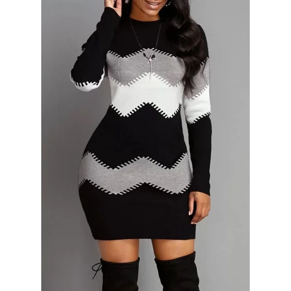 Kadın Uzun Kollu Zigzag Desen Triko Elbise