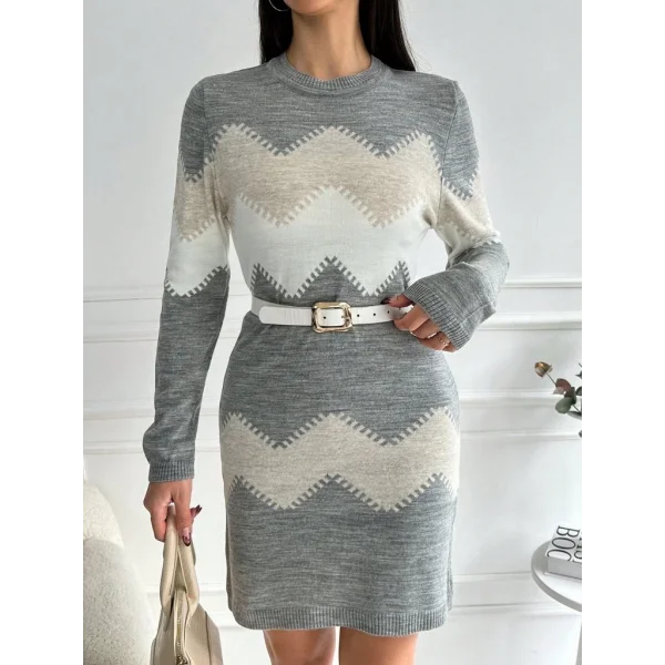 Kadın Uzun Kollu Zigzag Desen Triko Elbise