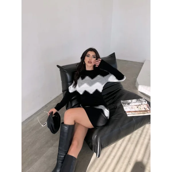 Kadın Uzun Kollu Zigzag Desen Triko Elbise