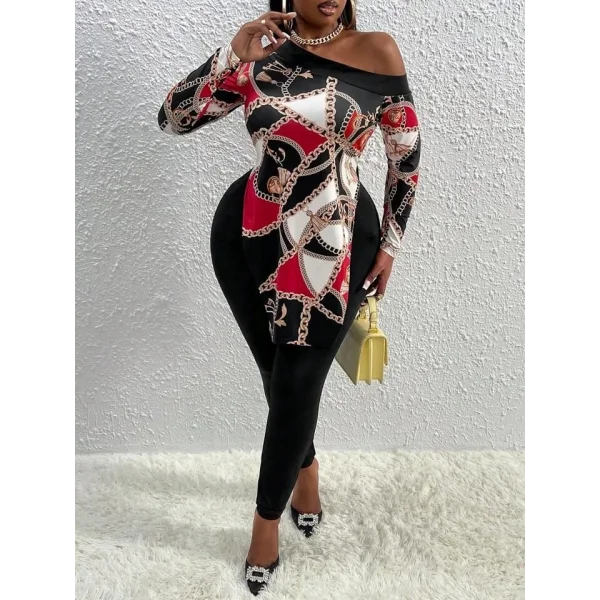 Kadın Uzun Kollu Zincir Desen Tek Omuz Düşük Mikro Bluz