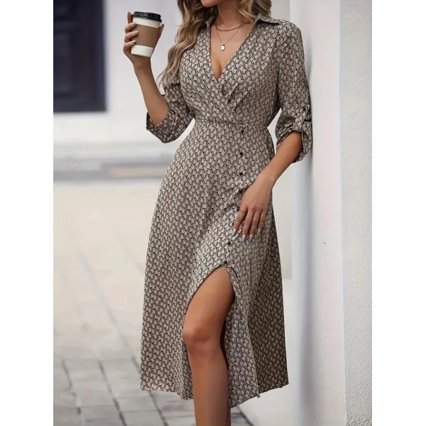 Kadın Uzun Kruvaze Yaka önden Düğmeli Yırtmaç Detay Midi Dalgıç Elbise