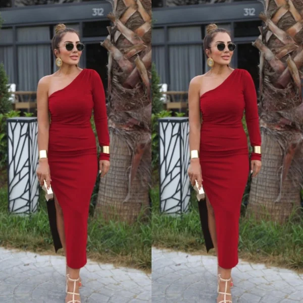 Kadın Uzun Tek Kollu Yanı Büzgü Yırtmaçlı Sandy Midi Boy Elbise