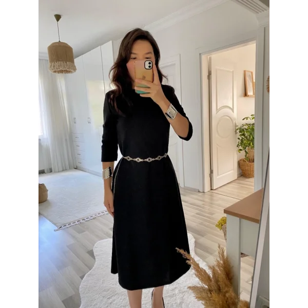 Kadın Uzun Truvakar Kol Bisiklet Yaka Midi Modal Elbise