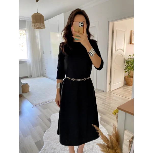 Kadın Uzun Truvakar Kol Bisiklet Yaka Midi Modal Elbise