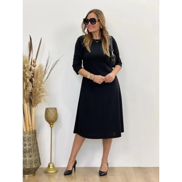 Kadın Uzun Truvakar Kol Bisiklet Yaka Midi Modal Elbise