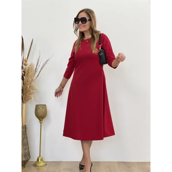 Kadın Uzun Truvakar Kol Bisiklet Yaka Midi Modal Elbise