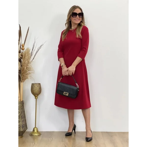 Kadın Uzun Truvakar Kol Bisiklet Yaka Midi Modal Elbise