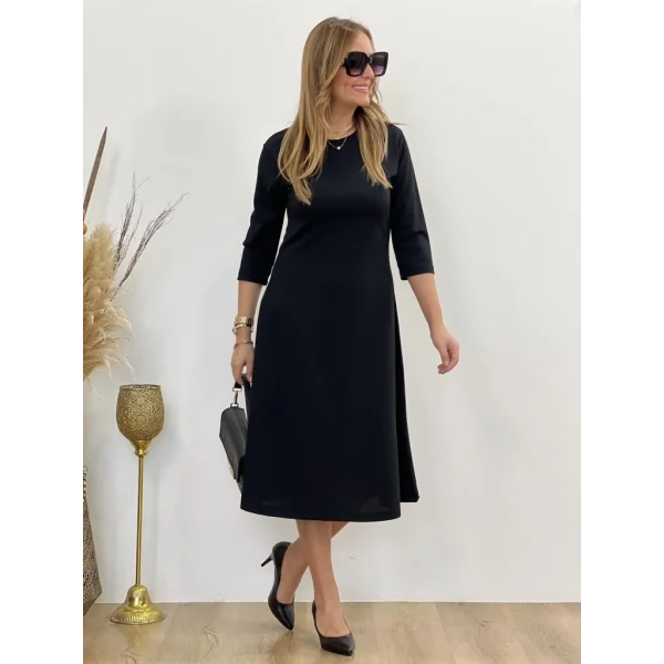Kadın Uzun Truvakar Kol Bisiklet Yaka Midi Modal Elbise