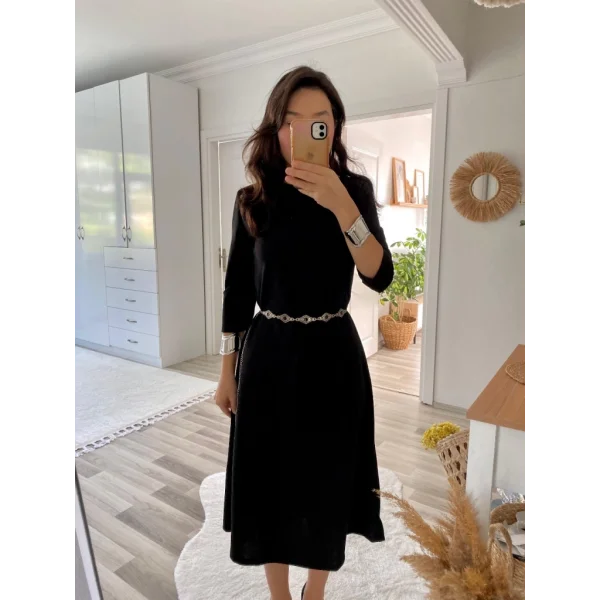 Kadın Uzun Truvakar Kol Bisiklet Yaka Midi Modal Elbise