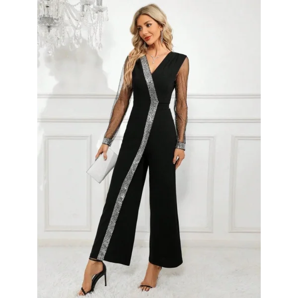 Kadın Uzun V Yakalı önden Pulpayet Detaylı Tüllü Uzun Ithal Krep Tulum