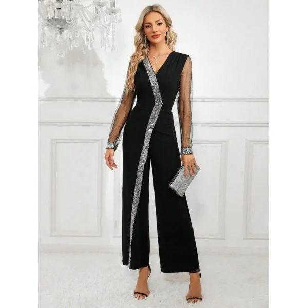 Kadın Uzun V Yakalı önden Pulpayet Detaylı Tüllü Uzun Ithal Krep Tulum