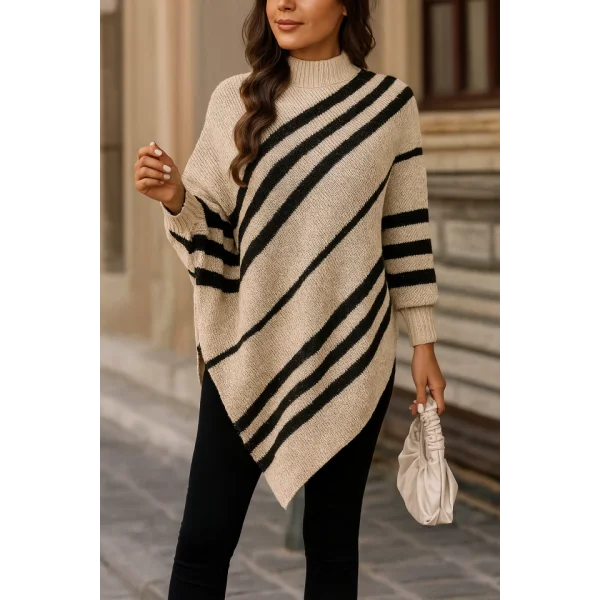 Kadın Uzun Yarasa Kollu Yüksek Boyunlu Asimetrik Kesim Triko Pelerin Kazak
