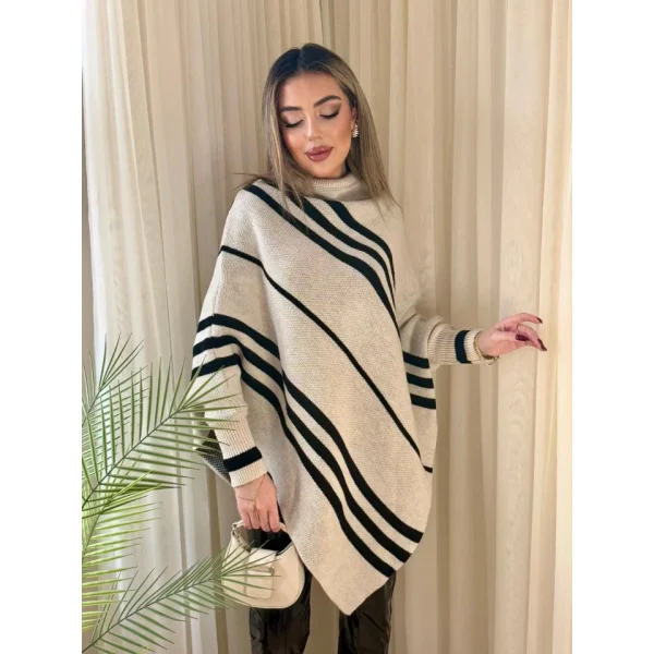 Kadın Uzun Yarasa Kollu Yüksek Boyunlu Asimetrik Kesim Triko Pelerin Kazak