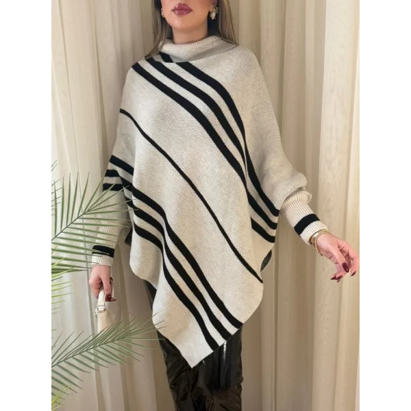 Kadın Uzun Yarasa Kollu Yüksek Boyunlu Asimetrik Kesim Triko Pelerin Kazak