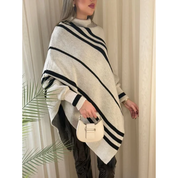 Kadın Uzun Yarasa Kollu Yüksek Boyunlu Asimetrik Kesim Triko Pelerin Kazak