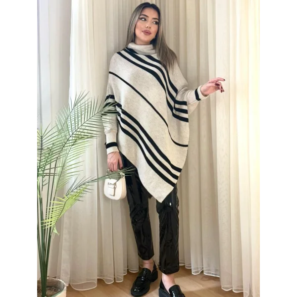 Kadın Uzun Yarasa Kollu Yüksek Boyunlu Asimetrik Kesim Triko Pelerin Kazak
