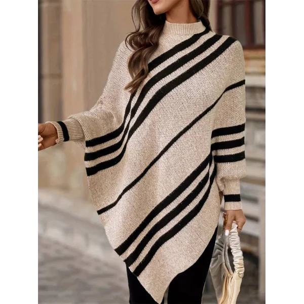 Kadın Uzun Yarasa Kollu Yüksek Boyunlu Asimetrik Kesim Triko Pelerin Kazak