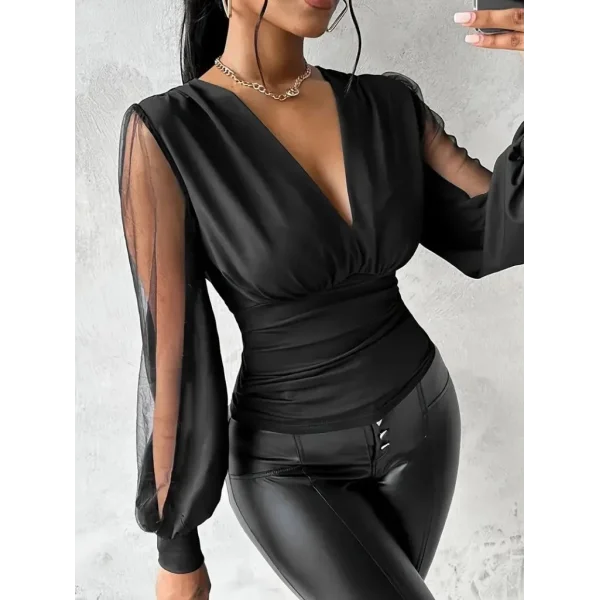 Kadın Uzun Yırtmaç Tül Detaylı Derin V Yakalı Sandy Bluz