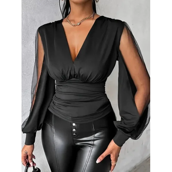 Kadın Uzun Yırtmaç Tül Detaylı Derin V Yakalı Sandy Bluz