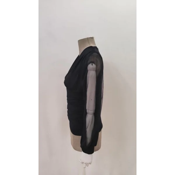 Kadın Uzun Yırtmaç Tül Detaylı Derin V Yakalı Sandy Bluz