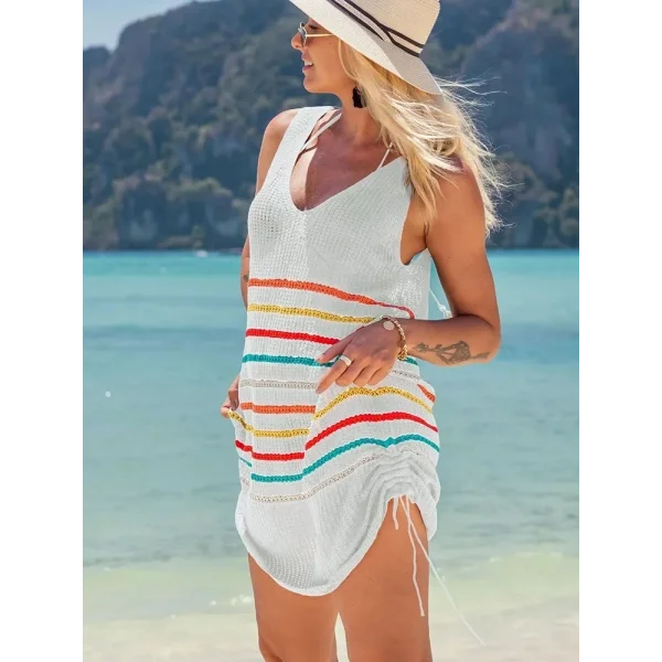 Kadın V Yaka çizgi Desenli Yanlar Asansör Büzgülü Triko Pareo