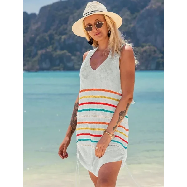 Kadın V Yaka çizgi Desenli Yanlar Asansör Büzgülü Triko Pareo