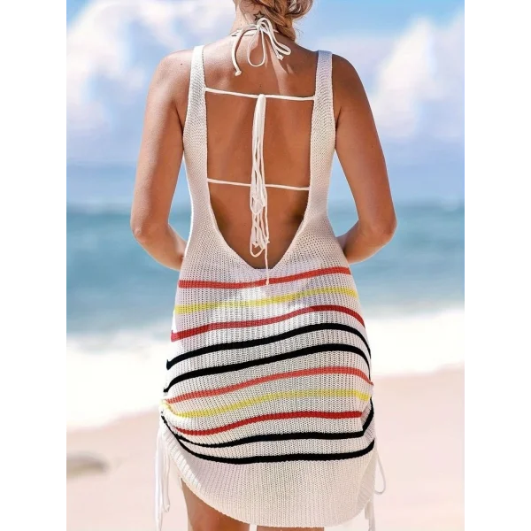 Kadın V Yaka çizgi Desenli Yanlar Asansör Büzgülü Triko Pareo