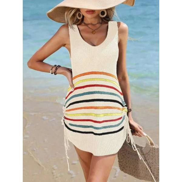 Kadın V Yaka çizgi Desenli Yanlar Asansör Büzgülü Triko Pareo