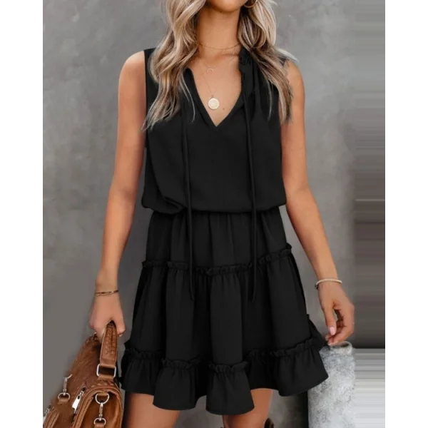 Kadın V Yaka Eteği Volanlı Ipek Ayrobin Kumaş Elbise