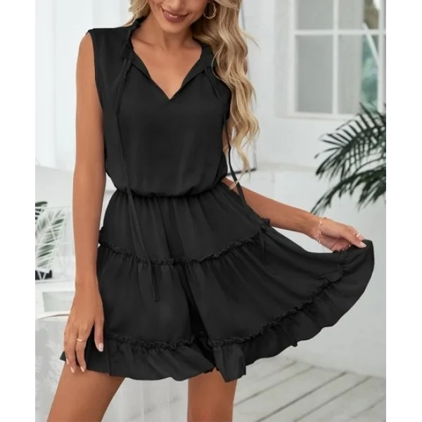 Kadın V Yaka Eteği Volanlı Ipek Ayrobin Kumaş Elbise