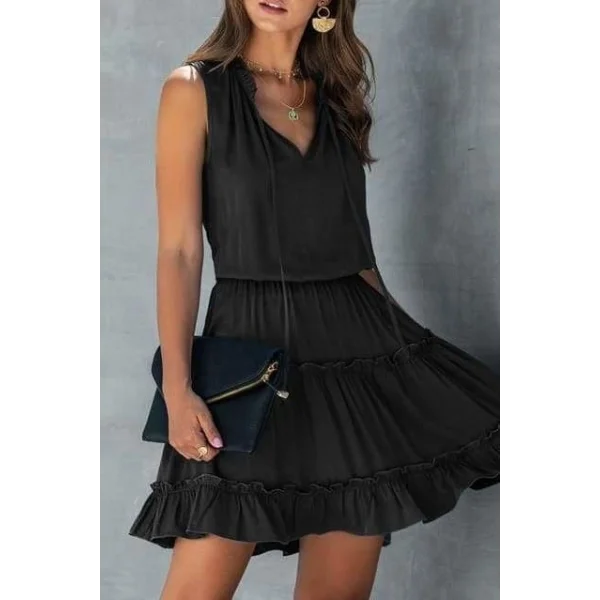 Kadın V Yaka Eteği Volanlı Ipek Ayrobin Kumaş Elbise