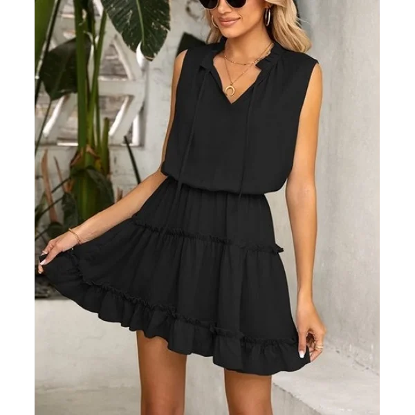 Kadın V Yaka Eteği Volanlı Ipek Ayrobin Kumaş Elbise