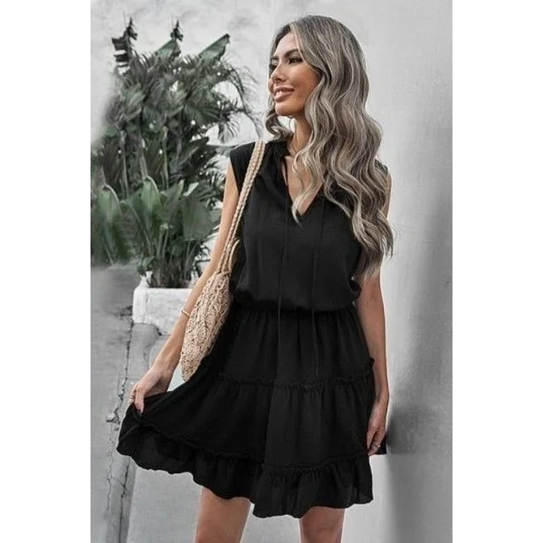 Kadın V Yaka Eteği Volanlı Ipek Ayrobin Kumaş Elbise