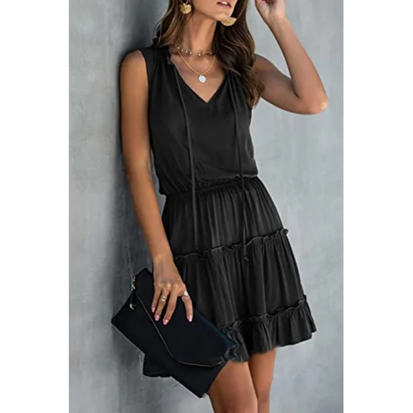 Kadın V Yaka Eteği Volanlı Ipek Ayrobin Kumaş Elbise