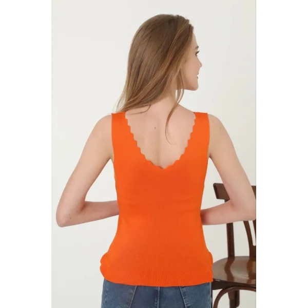 Kadın V Yaka Fırfır Detay Crop - Turuncu