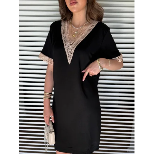 Kadın V Yaka Güpürlü İki İplik Elbise