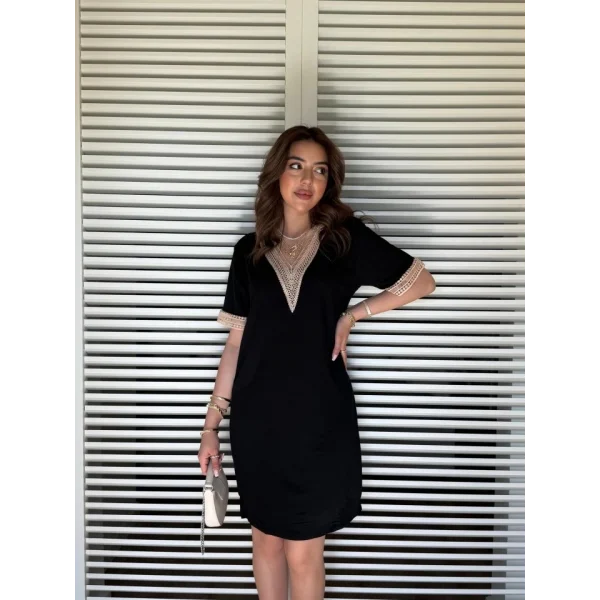 Kadın V Yaka Güpürlü İki İplik Elbise