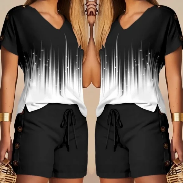 Kadın V Yaka Kısa Kol Kenarları Minik Yırtmaç Detaylı Dalgıç Bluz + Düğme Detaylı Dalgıç şort