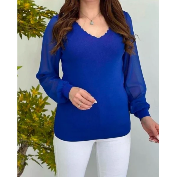Kadın V Yaka Kolları Dökümlü Tül Detay Triko Bluz