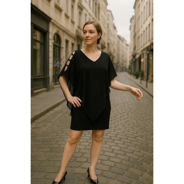 Kadın V Yaka Kolu Bağcık Detaylı Şifonlu Fırsat Ürün Diz Üstü Elbise