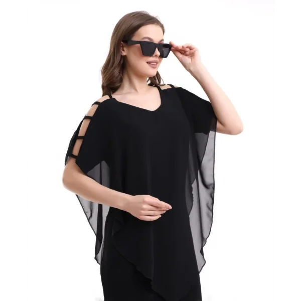 Kadın V Yaka Kolu Bağcık Detaylı Şifonlu Fırsat Ürün Diz Üstü Elbise