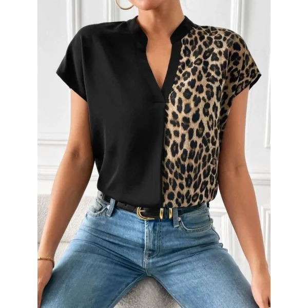 Kadın V Yaka Leopar Garnili Mosskrep Kumaş Bluz