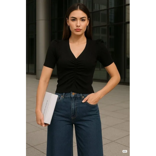 Kadın V Yaka Önü Büzgü Detaylı Triko Bluz