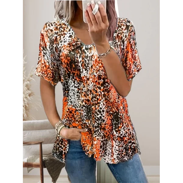 Kadın V Yaka Renkli Leopar Desen Büzgü Detay Süprem Bluz