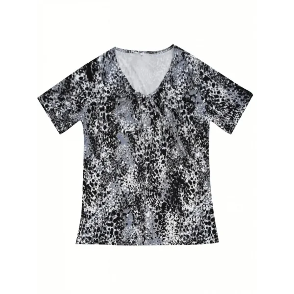Kadın V Yaka Renkli Leopar Desen Büzgü Detay Süprem Bluz