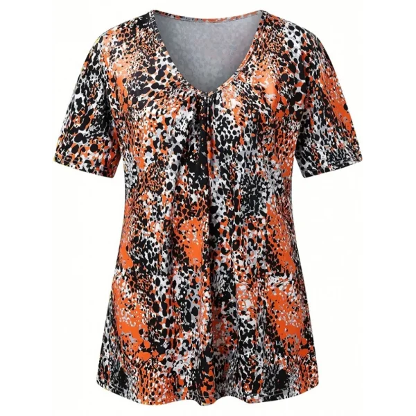 Kadın V Yaka Renkli Leopar Desen Büzgü Detay Süprem Bluz