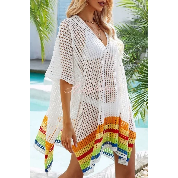 Kadın V Yaka Renkli şeritli örme Triko Pareo