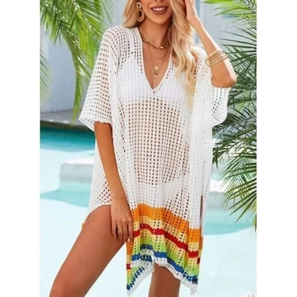 Kadın V Yaka Renkli şeritli örme Triko Pareo