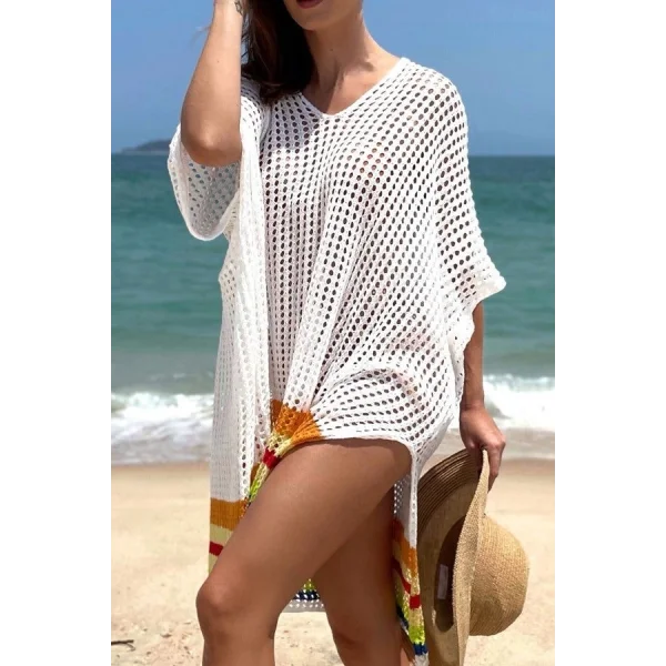 Kadın V Yaka Renkli şeritli örme Triko Pareo